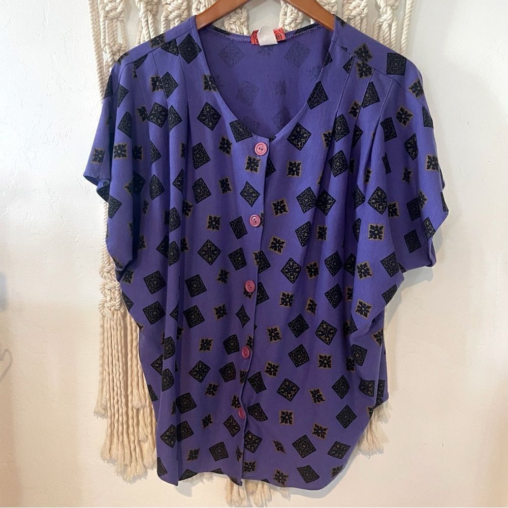 Vintage Purple Button-Up Top Bold Geometric Print SZ L - Eclectic Indie Unique